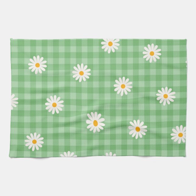 Green Daisy Plaid Gingham Check Flower Pattern Kitchen Towel (Horizontal)