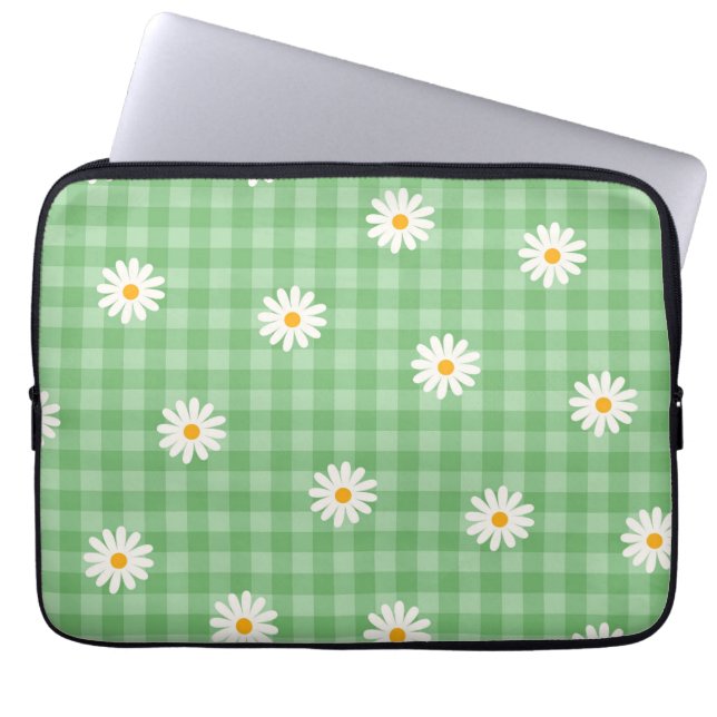 Green Daisy Plaid Gingham Check Flower Pattern Laptop Sleeve (Front)