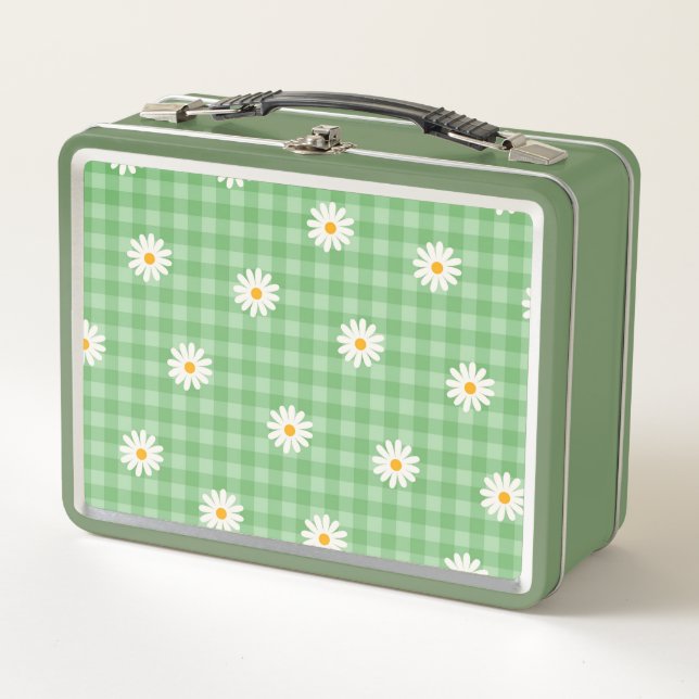 Green Daisy Plaid Gingham Check Flower Pattern Metal Lunch Box (Front)