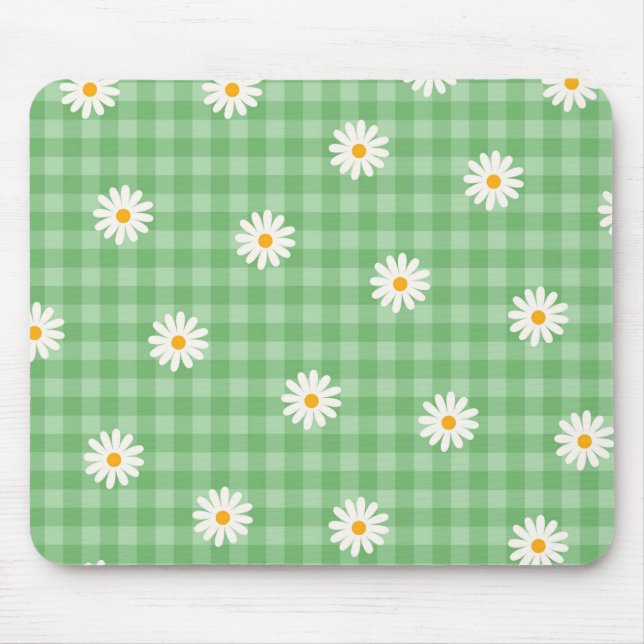 Green Daisy Plaid Gingham Check Flower Pattern Mouse Pad (Front)