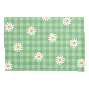 Green Daisy Plaid Gingham Check Flower Pattern Pillowcase
