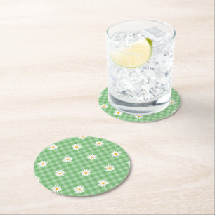 Green Daisy Plaid Gingham Check Flower Pattern Round Paper Coaster