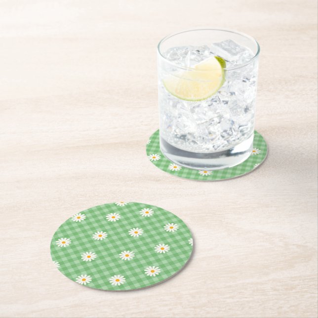 Green Daisy Plaid Gingham Check Flower Pattern Round Paper Coaster (Insitu)