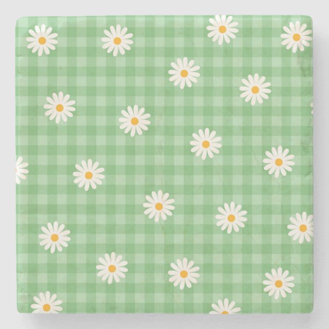 Green Daisy Plaid Gingham Check Flower Pattern Stone Coaster (Front)