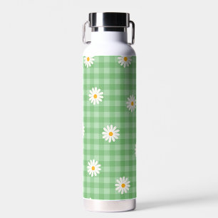 Green Daisy Plaid Gingham Check Flower Pattern Water Bottle