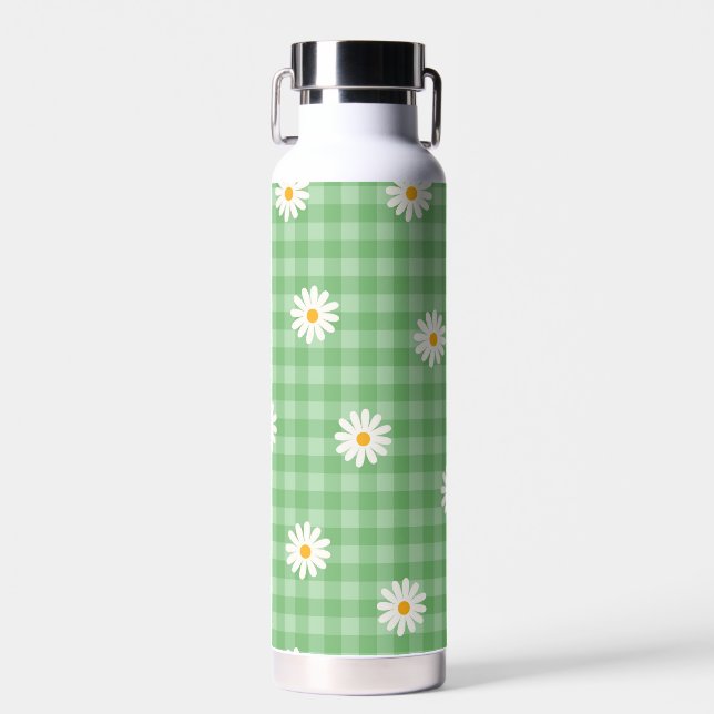 Green Daisy Plaid Gingham Check Flower Pattern Water Bottle (Front)