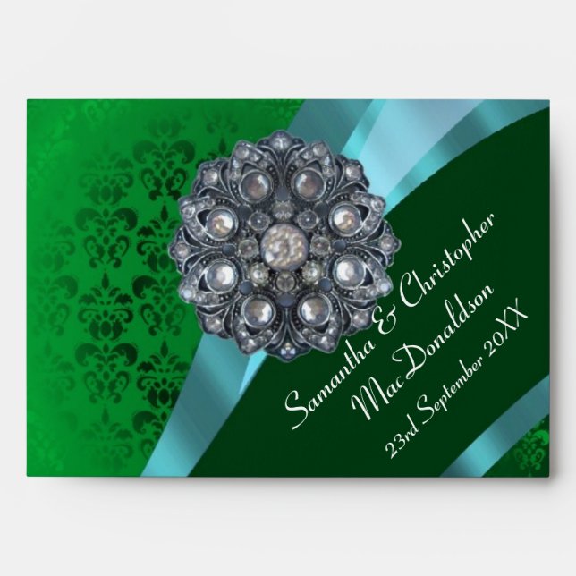 Green damask and crystal rhinestone envelopes (Front)