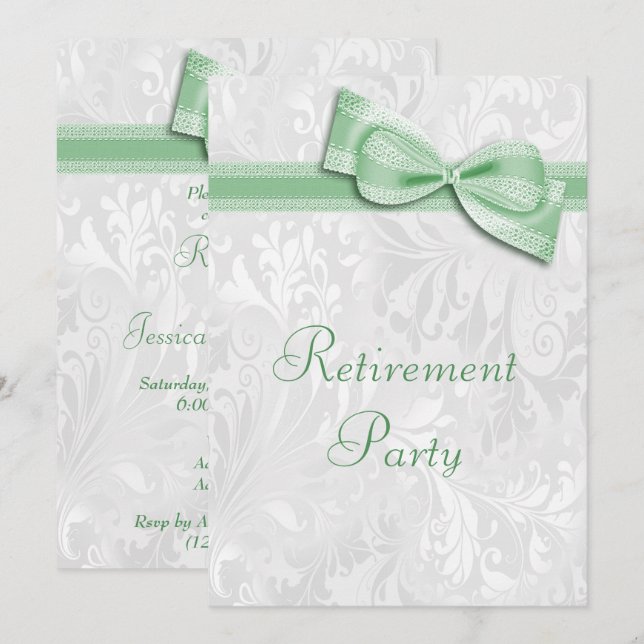 Green Damask and Faux Bow Retirement Invitation (Front/Back)