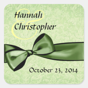 Green Damask and Faux Satin Bow Wedding Square Sticker
