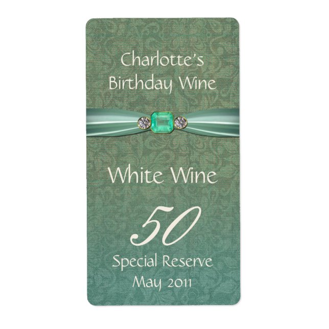 Green Damask Birthday Wine Labels (Front)