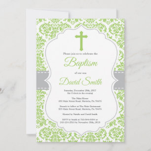 Green Damask Cross Baptism Invitation