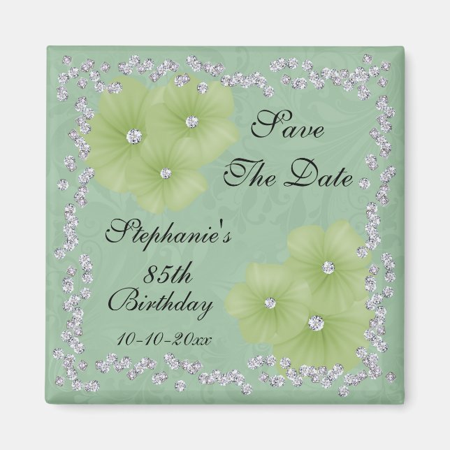 Green Damask & Flowers 85th Birthday Magnet (Front)