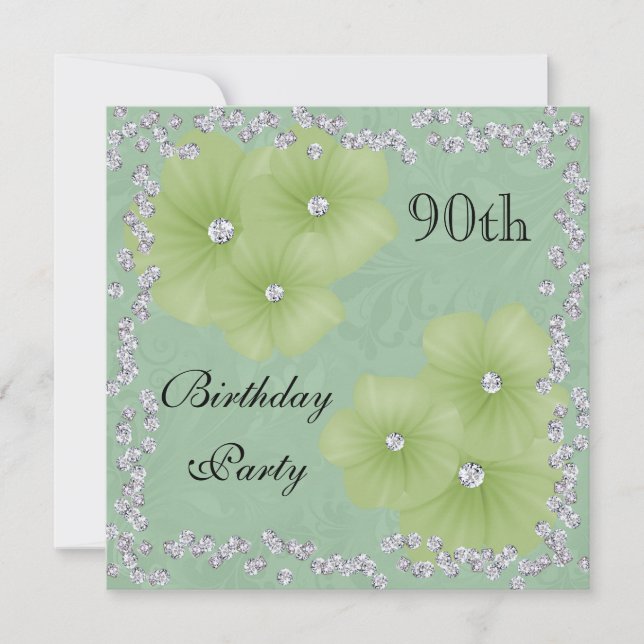 Green Damask & Flowers 90th Birthday Invitation (Front)