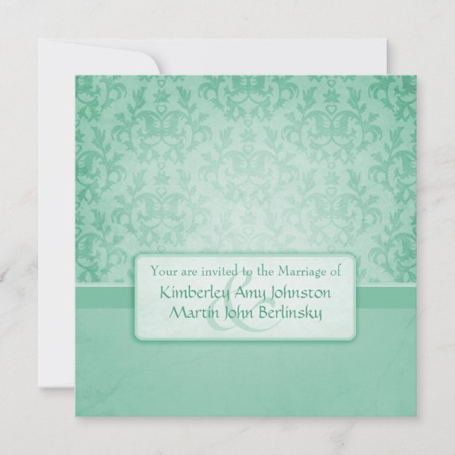 Green damask formal wedding square invitation (Front)