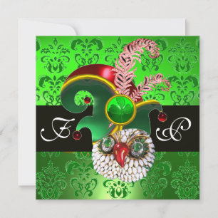 GREEN DAMASK ,JEWEL OWL ,ELF HAT,DIAMOND  FEATHERS INVITATION