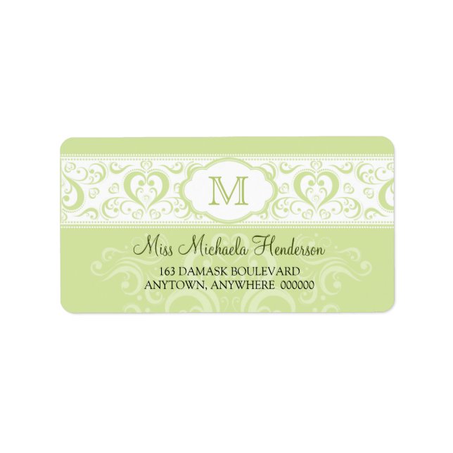 Green Damask Monogram Address Label (Front)