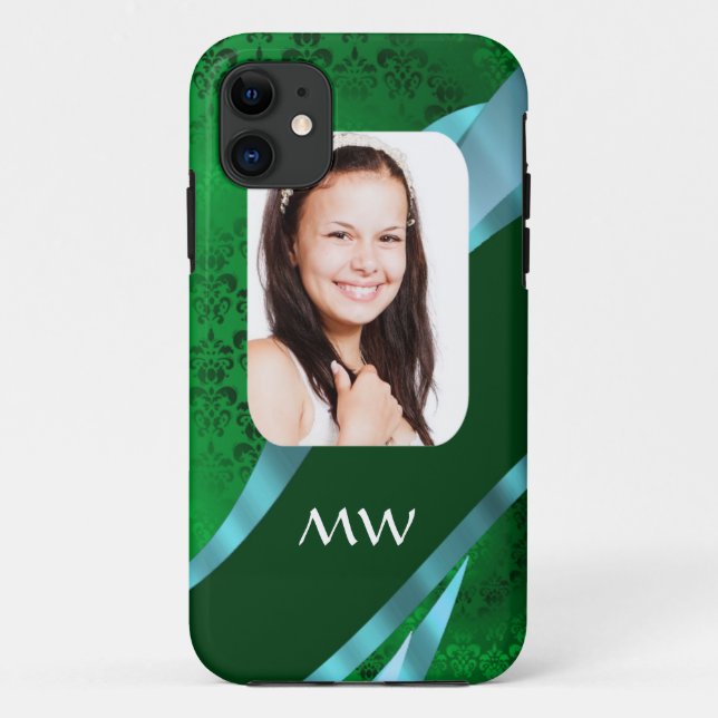 Green damask monogram photo template Case-Mate iPhone case (Back)