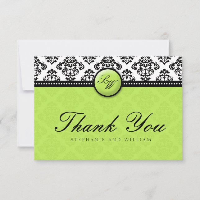 Green Damask Monogram Wedding Thank You Card (Front)
