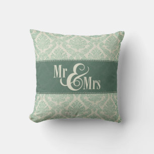 Green Damask "Mr & Mrs" pillow, personalized Throw Pillow