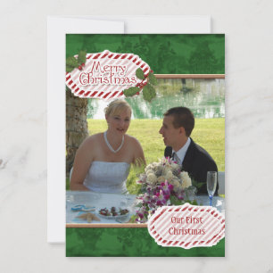 Green Damask n Holly Photo Christmas Card