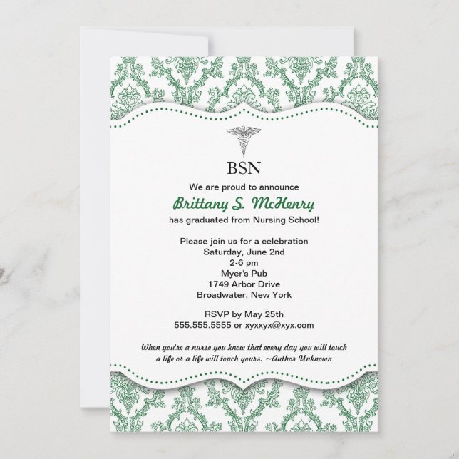 Green Damask Nurse graduation pinning invites (Front)