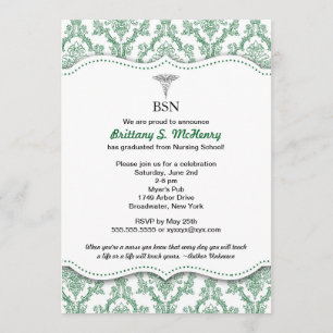 Green Damask Nurse graduation pinning invites