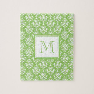 Green Damask Pattern 1 with Monogram Jigsaw Puzzle