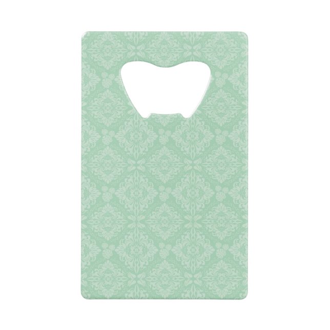 Green damask pattern credit card bottle opener (Front)