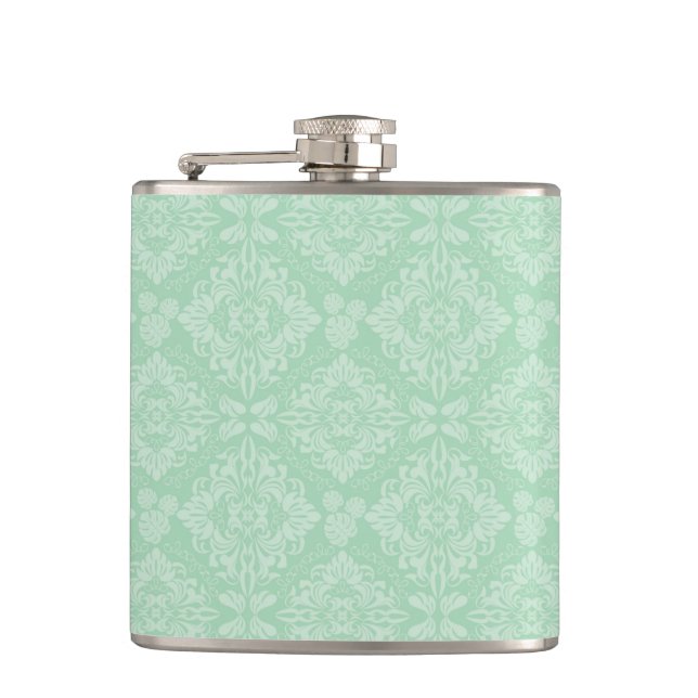 Green damask pattern hip flask (Front)