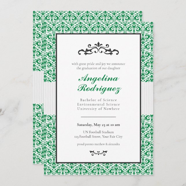 Green Damask Pattern Photo Graduation Invitation (Front/Back)