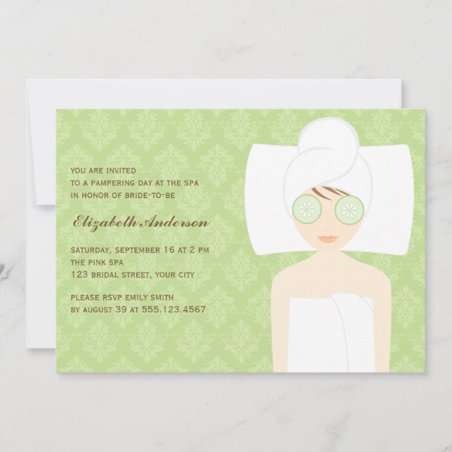 Green Damask Pattern Spa Bridal Shower Invitation (Front)