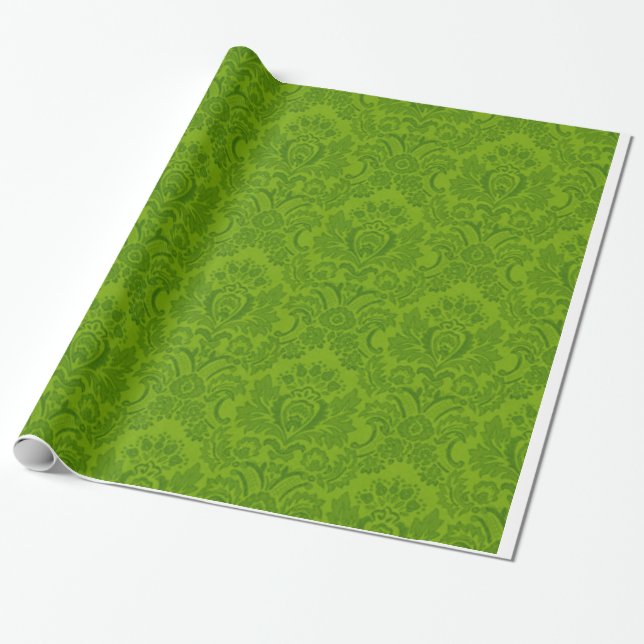 Green Damask Pattern Wrapping Paper (Unrolled)