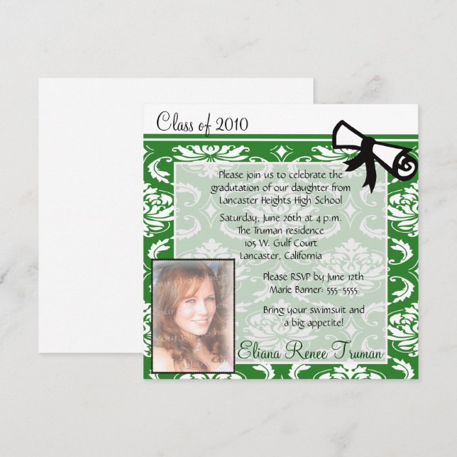 Green Damask Photo Graduation Invitation (Front/Back)