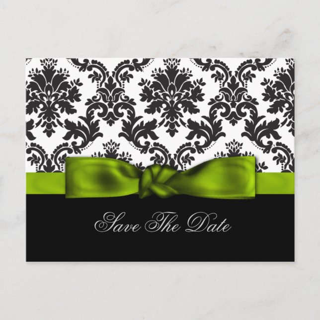 green damask Save the date Announcement Postcard (Front)