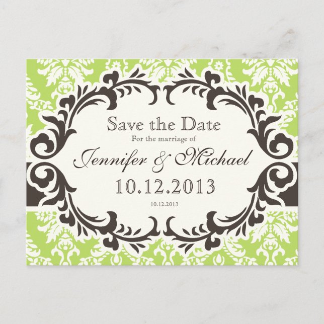 Green Damask Save the Date Postcard (Front)