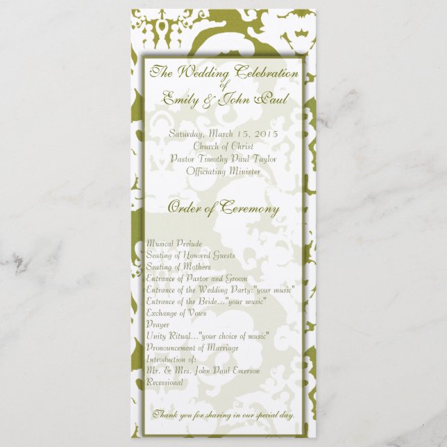 Green Damask Wedding Program (Front)