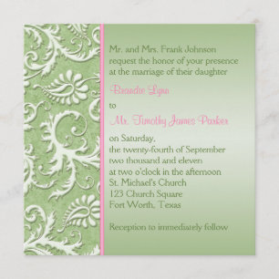 Green Damask with Pink Wedding Invitation