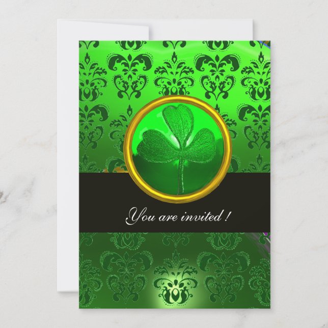 GREEN DAMASK WITH SHAMROCK ,black Invitation (Front)
