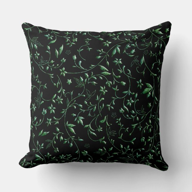 Green Damasks On Black Throw Pillow (Front)