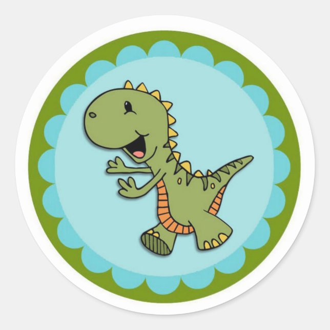 Green Dancing Dinosaur Round Stickers (Front)