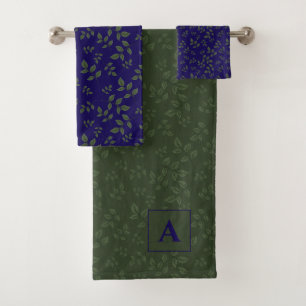 Green dark blue pattern leaves monogram bath towel set