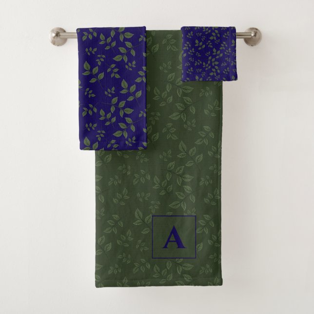 Green dark blue pattern leaves monogram bath towel set (Insitu)