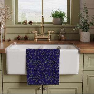 Green dark blue pattern leaves monogram kitchen towel