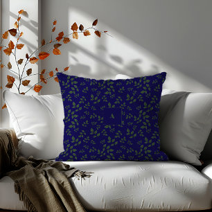 Green dark blue pattern leaves monogram throw pillow