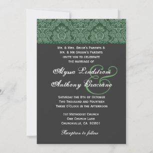 Green Dark Grey  Damask Wedding Invitation