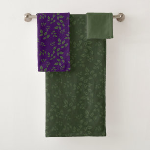 Green dark purple green pattern leaves  bath towel set