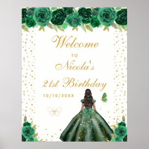 Green Dark Skin Girl Birthday Party Welcome Poster