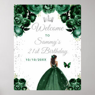 Green Dark Skin Princess Birthday Welcome Poster