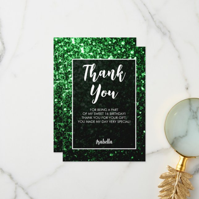 Green dark sparkles Sweet 16 elegant script Thank You Card (Front/Back In Situ)