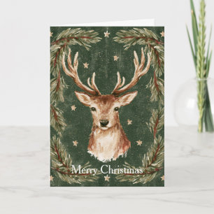 Green Deer Gold Stars Christmas Card